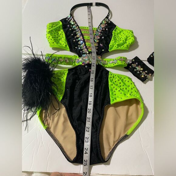 Glamour solo dance costume neon green Feather rhinestone embellished leotard XLC - Picture 4 of 9